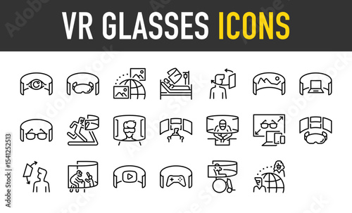 Set of Vr Glasses vector icons. such as Technology, Connection, View, Glasses, Screen, Computer, Gym, Medical, Man, Play, Game illustration.	
