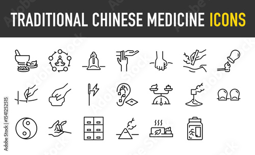 Set of Traditional chinese medicine icons. such as Medicine, Healthy, Cupping, Extremity Palpation, Chinese, Heat, Medicine, Ear Seed, Needle, Opposite, Cone illustration.	
