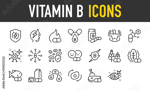 Set of Vitamin b icons. such as Power, Calories, Increase, Pill, Power, Bottle, Healthy, Benefits, Plant Base, Food, Form, Cheese, Meat, Eye illustration.	
