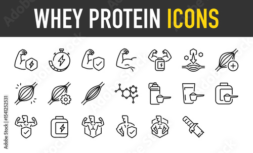 Set of Whey protein icons. such as Strength , Time, Bodybuilder, Healthy, Muscle, Repair, Building, Drink, Product, Gym, Energy Bar illustration.	
