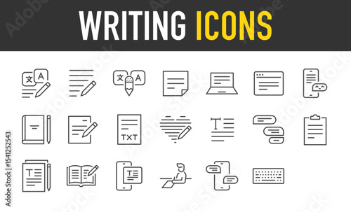 Set of Writing vector icons. such as Text, Write, Note, Computer, Web, Mobile, Book, File, Paper illustration.	
