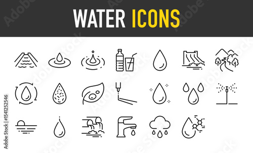 Set of Water icons. such as River, Drink, Beverage, Recycle, Water, Natural, Knife, Rain, Spring, Summer, Faucet, Science illustration.	
