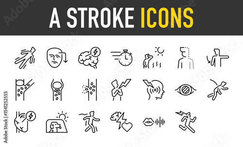 Set of A stroke icons. such as Unsteady, Muscle, Disease, Timer, Weather, Stroke, Symptom, Plaques, Platelets, Disability, Heart, Car, Tired, Attack, Communication illustration.	
