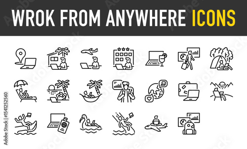 Set of Wrok from anywhere icons. such as Remote, Work, Travel, Hotel, Laptop, Travel, Beach, Online, Packages, Pool illustration.	
