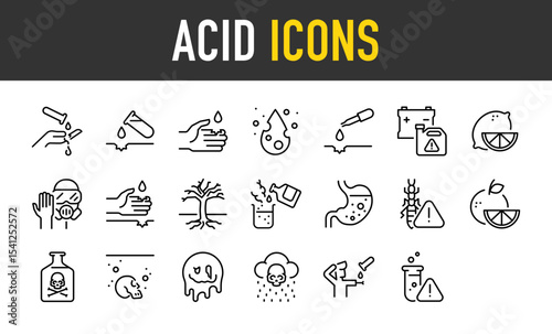 Set of Acid icons. such as Danger, Skin Burns, Chemistry, Liquid, Drop, Chemistry, Fruit, Glasses, Danger, Plant, Chemistry, Acid, Rove Beetle illustration.	
