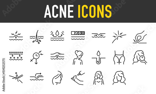 Set of Acne icons. such as Skin, Glands, Facial, Gluta, Repair, Squeeze, Molecule, Dermatology, Back, Face, Cleaning, Treatment, Cream illustration.	
