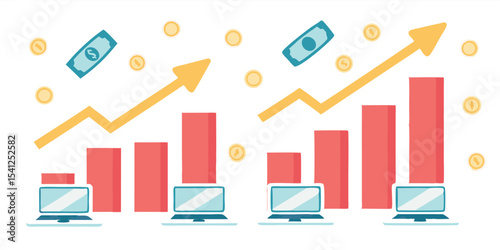 Illustration showing financial growth with upward arrow and bar graph alongside laptop computers