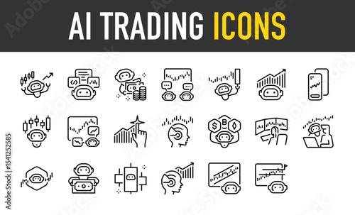 Set of Ai trading icons. such as Artificial Intelligence, Analysis, Stocks, Trade, Graph, Market, Copy Trade, Robot illustration.	
