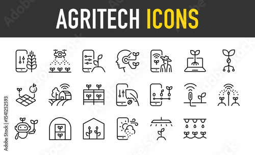 Set of Agritech icons. such as Agriculture, Smart, Technology, Robot, Agricultural Field, Smart, Pest Control, Plant, Machine, App illustration.	
