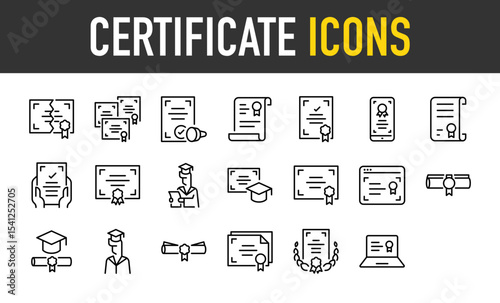 Set of Certificate vector icons. such as Unofficial, Graduation, Diploma, Mobile, Graduation, Award, Web, Laptop illustration.	
