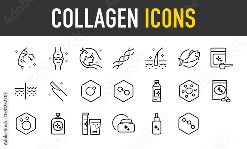 Set of Collagen vector icons. such as Woman, Healthy, Molecule, Old, Dipeptides, Drink, Tripeptide, Gluta, Product illustration.	
