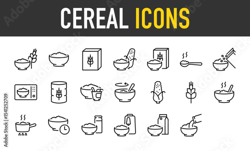 Set of Cereal vector icons. such as Bowl, Box, Food, Grains, Meal, Instant, Breakfast, Vegetable, Wheat, Time, Bottle, Water illustration.	
