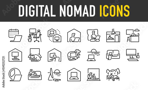 Set of Digital nomad vector icons. such as Weekday, Work, Connection, Work, Working, Kitchen, Computer, Dog, Work Remotely, Time, Sofa, Beach illustration.	
