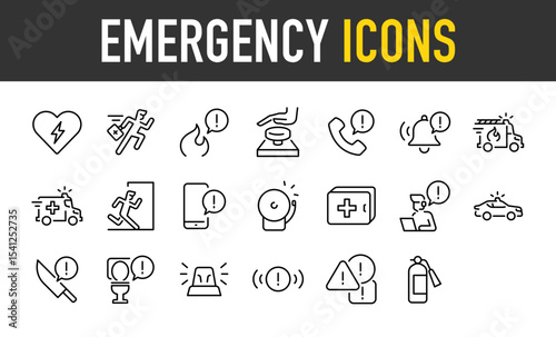 Set of Emergency vector icons. such as Medical, Burn, Button, Telephone, Emergency, Exit, Mobile, Car, Bell, Signal, Sign illustration.	
