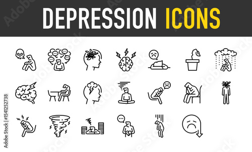 Set of Depression vector icons. such as Suicide, Stress, Social Victimization, Pot, Sad, Mind, Cry, Pain, Love, Negative, Down illustration.	
