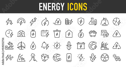 Set of Energy vector icons. such as Power, Steam Power, Seaweed, Geothermal Plant, Time, Fuel, Waste Energy, Biofuel, App illustration.	
