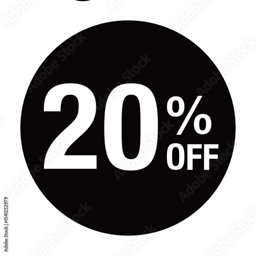 ”20％OFF ”の文字入り 円形のベクターイラスト　モノクロ　白文字　背景透過　

