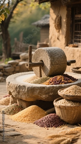 Wallpaper Mural Traditional Stone Mill with Assorted Grains and Seeds in a Rustic Village Setting Torontodigital.ca