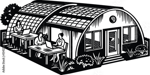 People working on laptops inside a greenhouse with plants and a grid like roof structure visible outside