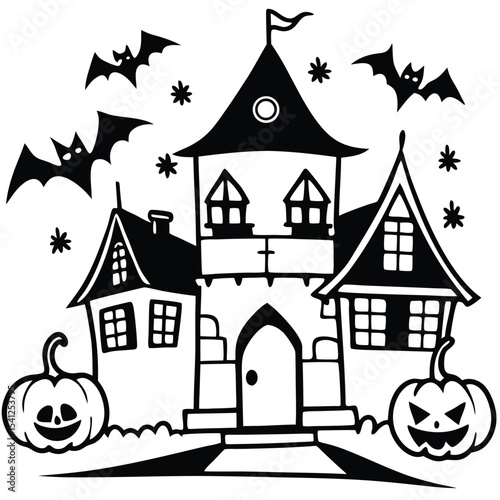 Cartoon halloween castle illustration at night with bats and pumpkins