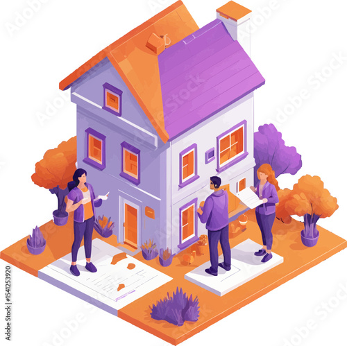 vector illustration of people near the house who are holding notes in their hands, in purple with an orange shade.