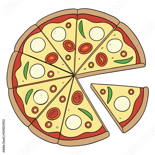 Delicious Italian pizza slices with salami, cheese, and mushrooms, a tasty isolated meal illustration