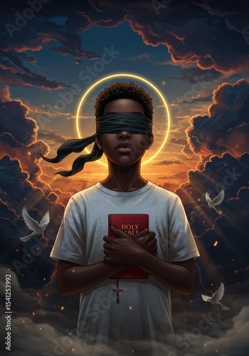 A young African American boy with short hair and striking blue eyes, dressed in a T-shirt, holds a Bible while a blindfold covers his eyes. Sunlight beams from behind him, casting a warm glow.
