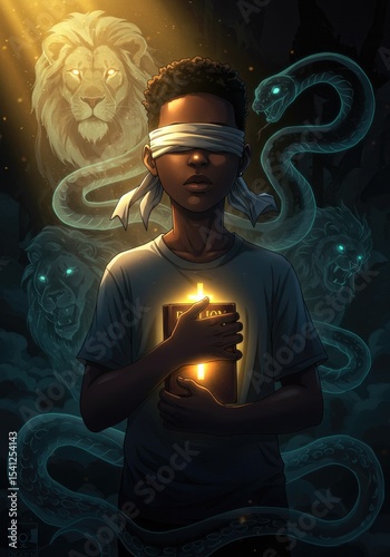 A young African American boy with short hair and striking blue eyes, dressed in a T-shirt, holds a Bible while a blindfold covers his eyes. Sunlight beams from behind him, casting a warm glow.