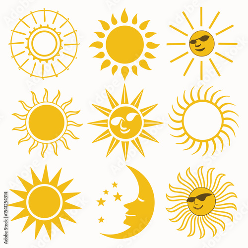 Collection of bright sun vector icons and symbols for summer weather and solar design