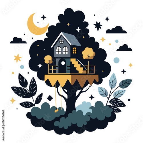  Above the Clouds A Serene Floating House Design, Featuring a Tree and Bushes on a Whimsical Island.eps