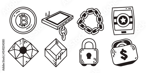 Illustration of bitcoin, chain, diamond, padlock, and tablet in black and white outline style