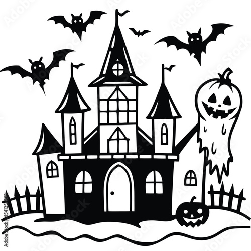 Spooky Halloween castle vector illustration with bats and a full moon, perfect for a haunted holiday night design