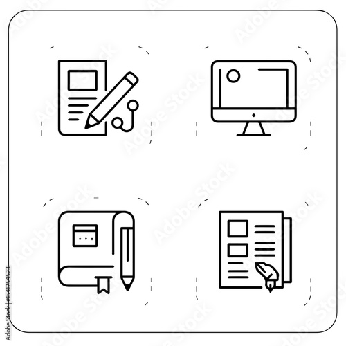 journalism black vector outline icons set 