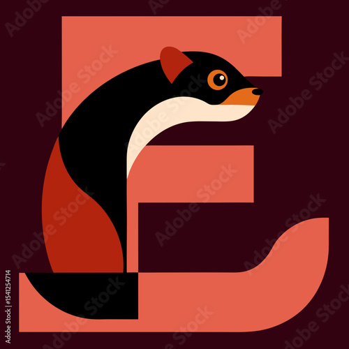 Stylized animal alphabet letter e with weasel