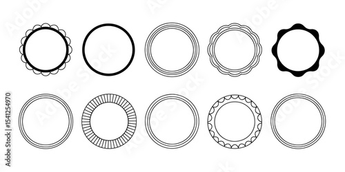 Set of Decorative Circular Frame Borders. Hand Drawn Outline Badge Design Elements