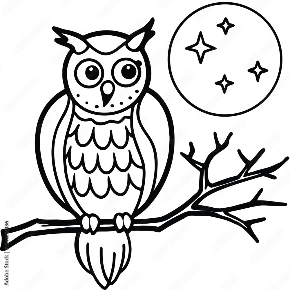 Obraz premium Cute cartoon owl bird with colorful wings perching on a wise tree branch