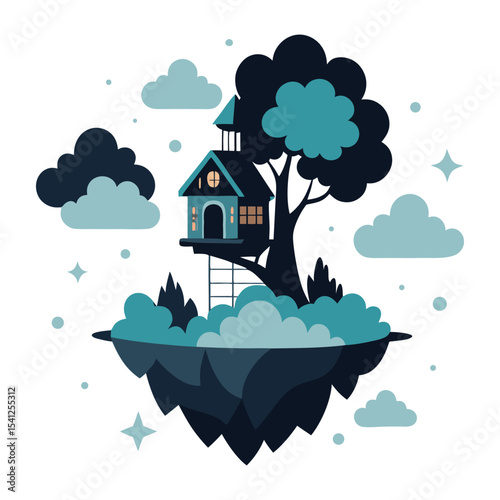 Whimsical Floating Treehouse A Dreamlike Illustration of an Elevated Home Amidst Soft Clouds and Stars.eps
