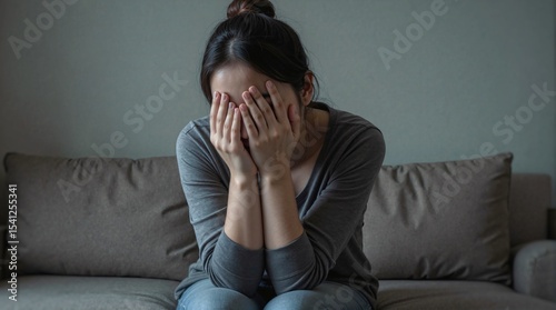 A woman sits on a couch, hands covering their face, conveying deep sadness, stress, or despair. Represents mental health, anxiety, and emotional struggle.
