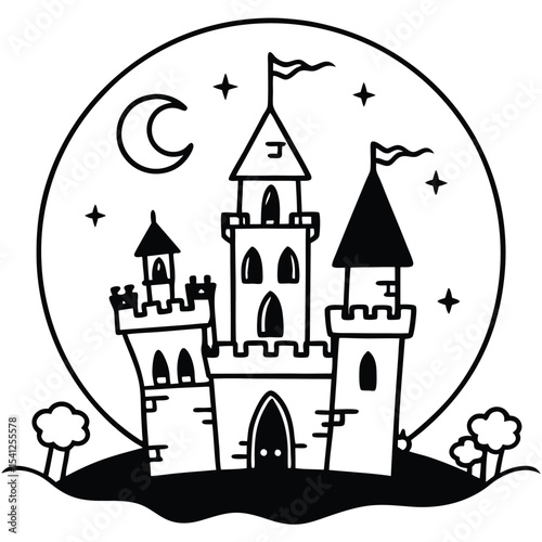 Night castle on a hill vector illustration, a medieval fantasy building for Halloween town art