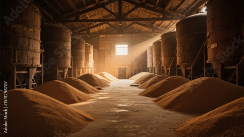 Interior of a storage facility with large tanks and piles of grain illuminated by sunlight streaming through a window.