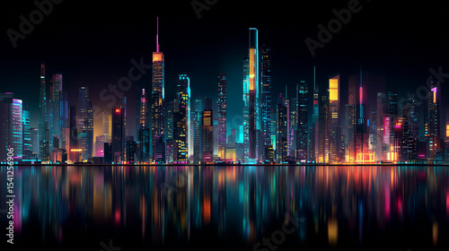 City skyline with neon lights, futuristic buildings. Skyscraper futuristic city