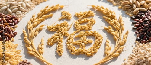 Artistic arrangement of grains forming a Chinese character, surrounded by various types of seeds and grains.