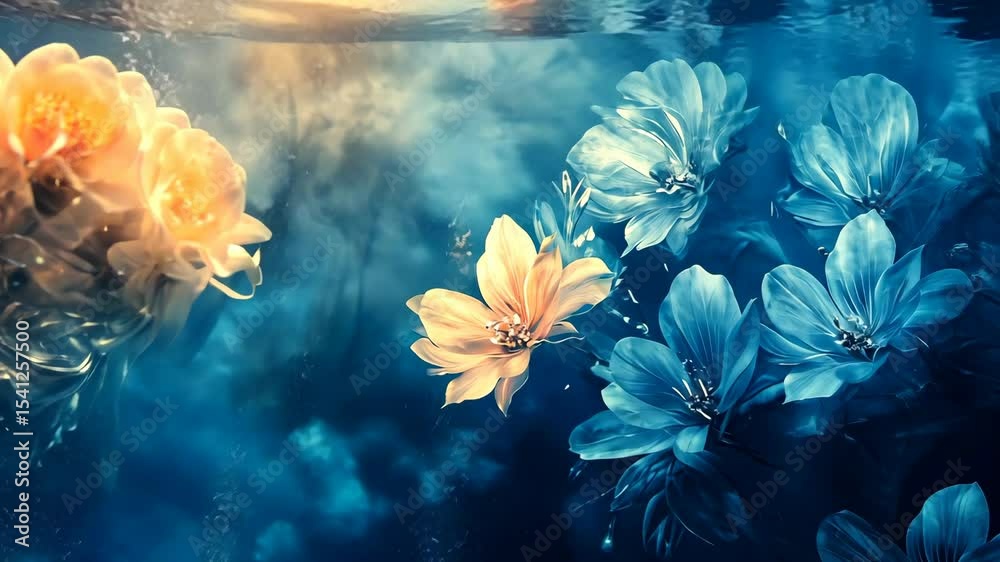Dreamlike underwater scene with vibrant orange and blue flowers, smoky atmosphere, and sparkling particles