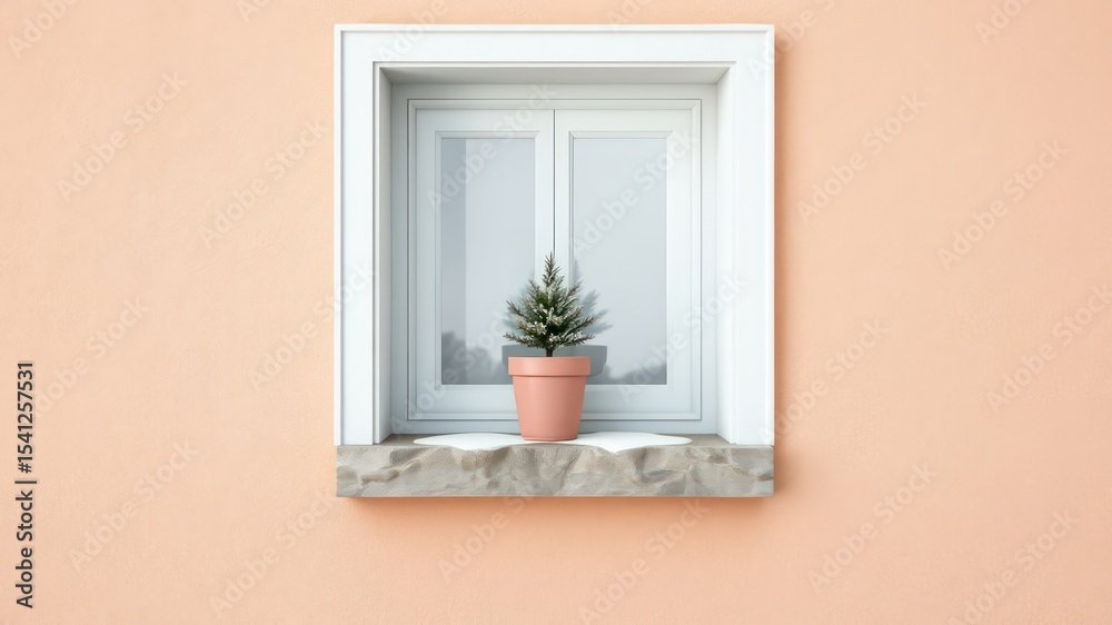 Fototapeta premium Charming Small Potted Evergreen Tree Placed Neatly on a Stone Windowsill Against a Rustic Textured Wall