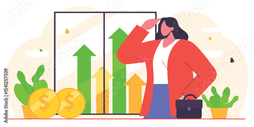 Woman looking at upward trending graph with coins and briefcase symbolizing financial growth ahead