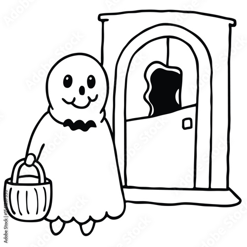 Funny cartoon vector illustration of a scary Halloween ghost in a ghost town