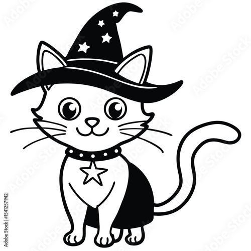 A cute black kitten character wearing a hat, a funny and domestic feline mammal illustration