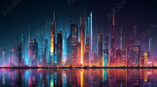 City skyline with neon lights, futuristic buildings. Skyscraper futuristic city