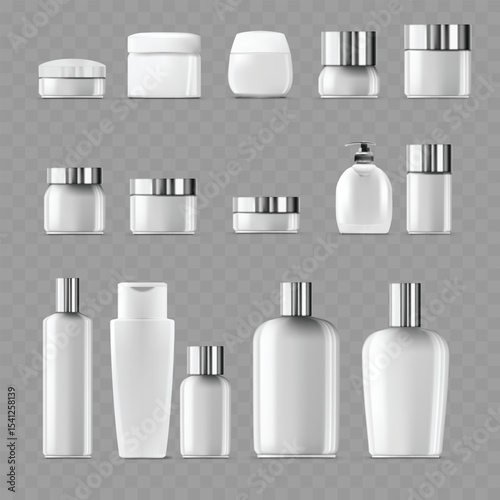 Comprehensive Set of Blank White Cosmetic Bottles and Jars .Vector