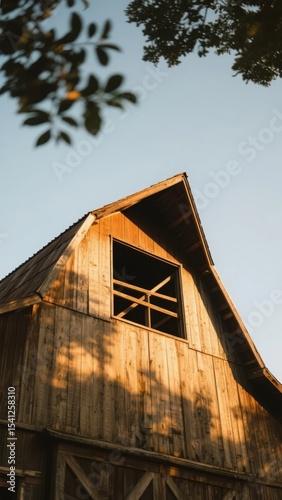 Rustic Wooden Barn with Gabled Roof and Open Window Against a Clear Sky